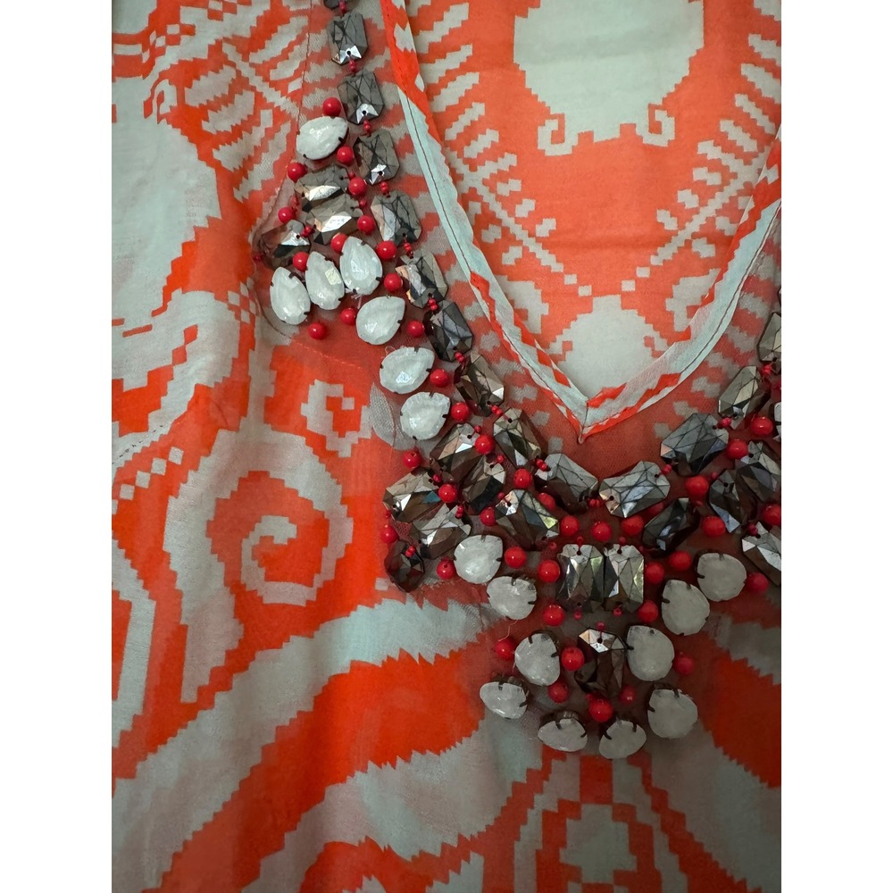 Milly of New York Orange Ikat SILK Blend Beaded V-Neck Tunic Blouse Size 8 Airy - Picture 7 of 10